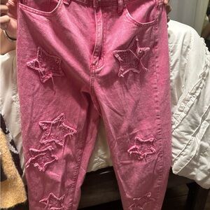 SHEIN Pink Star Embroidered Women Jeans